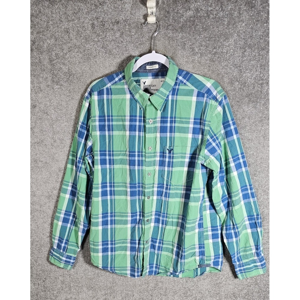 American Eagle Athletic Fit Button Up Shirt Mens Large Green Blue Plaid Pocket